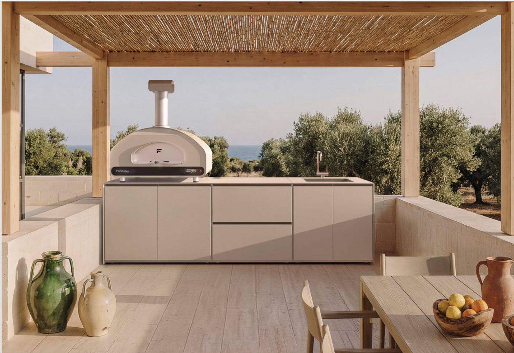 Fontana Forni Ignes Outdoor Modular Kitchen - 4 Burner Gas BBQ, Fridge, 24 Inch Kamado & Double Door Max Storage