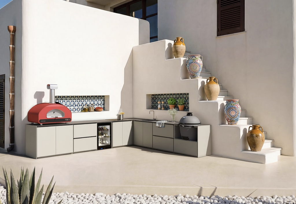 Fontana Forni Ignes Outdoor Modular Kitchen - 4 Burner Gas BBQ, Fridge, 24 Inch Kamado & Double Door Max Storage