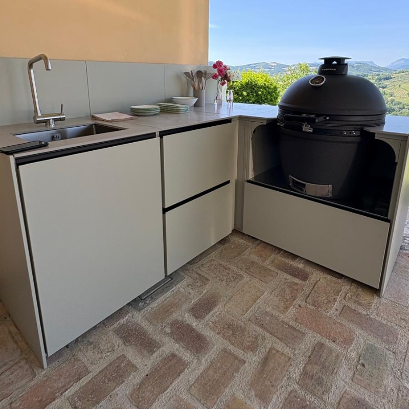 Fontana Forni Ignes Outdoor Modular Kitchen - 4 Burner Gas BBQ, Fridge, 24 Inch Kamado & Double Door Max Storage