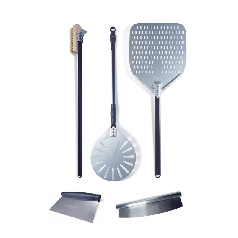 Igneus 5 Part Accessory kit includes pizza peel, pizza turner, oven brush, dough cutter and pizza cutter. Best deal for the igneus pizza oven.