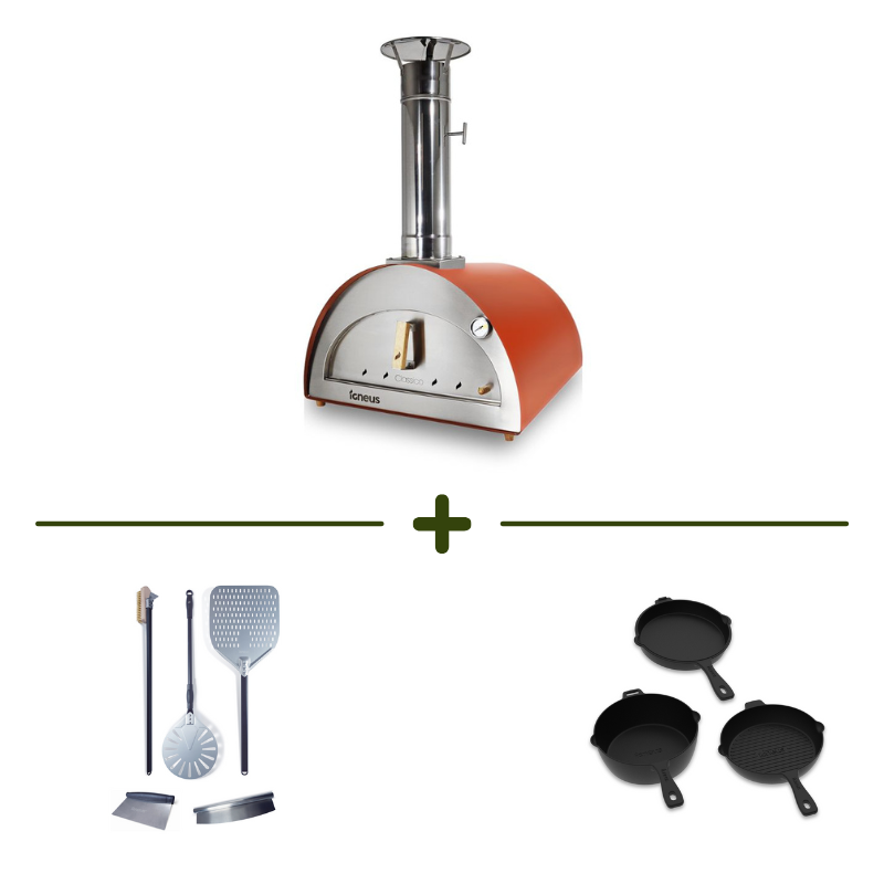 Igneus classico pizza oven bundle with igneus 5 part accessory set and cast iron pans. igneus pizza oven offers, black friday offers