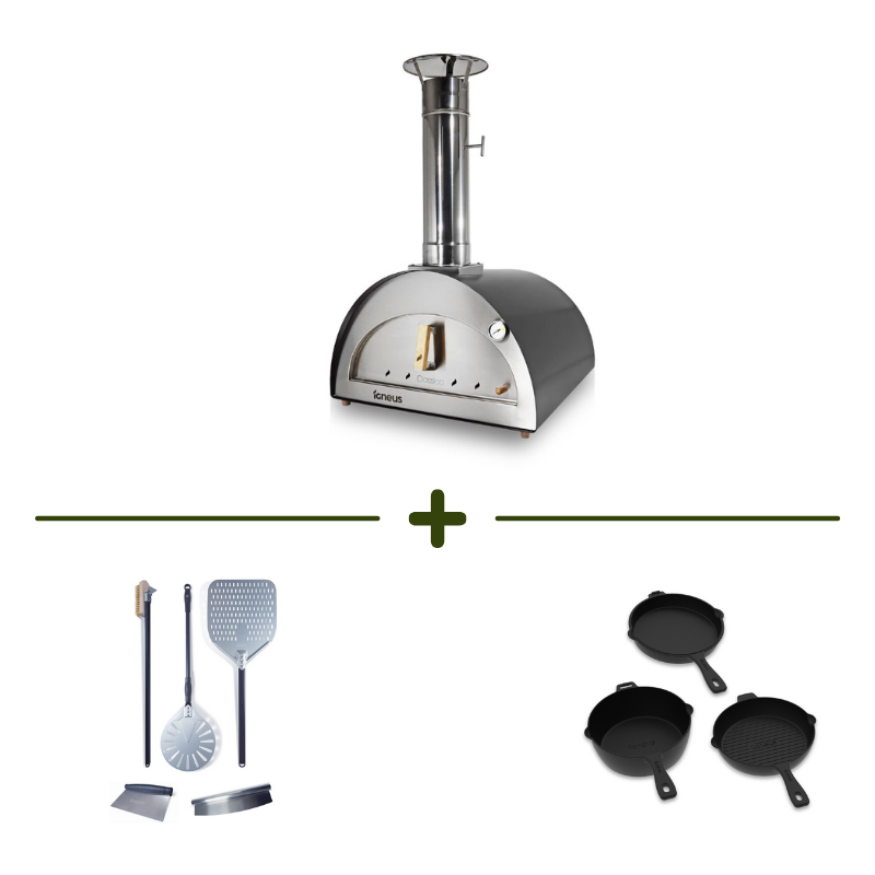 Igneus classico pizza oven bundle with igneus 5 part accessory set and cast iron pans. igneus pizza oven offers, black friday offers