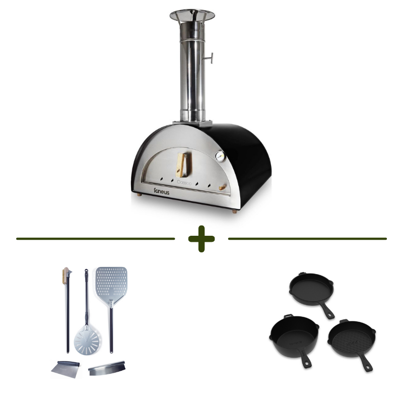 Igneus classico pizza oven bundle with igneus 5 part accessory set and cast iron pans. igneus pizza oven offers, black friday offers