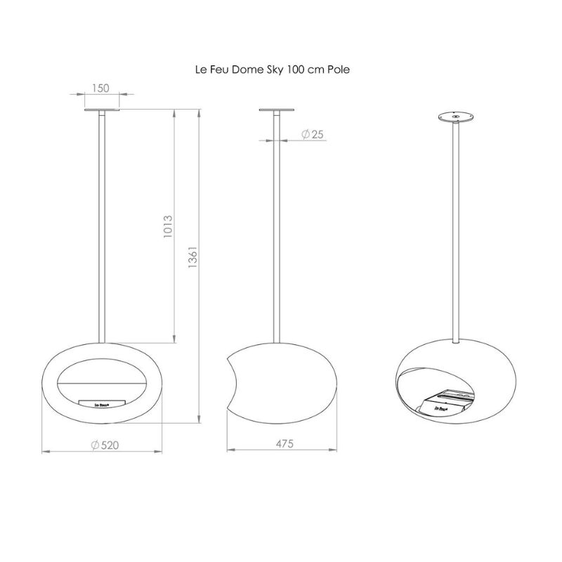 Le Feu Chromed Rose Gold Sky Bioethanol Burner Dimensions