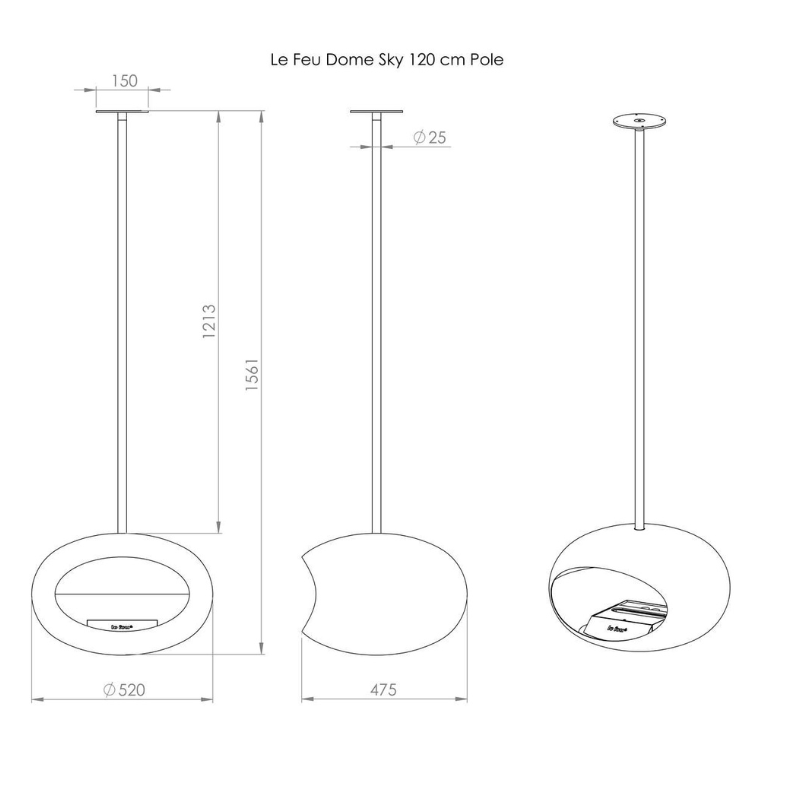 Le Feu Chromed Rose Gold Sky Bioethanol Burner Dimensions